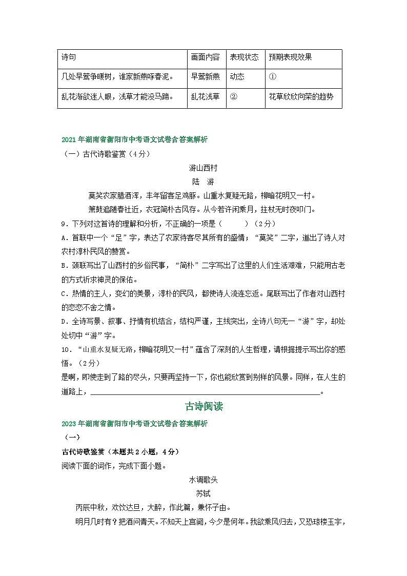 湖南省衡阳市2021-2023年三年中考语文试卷分类汇编：古诗阅读第2页