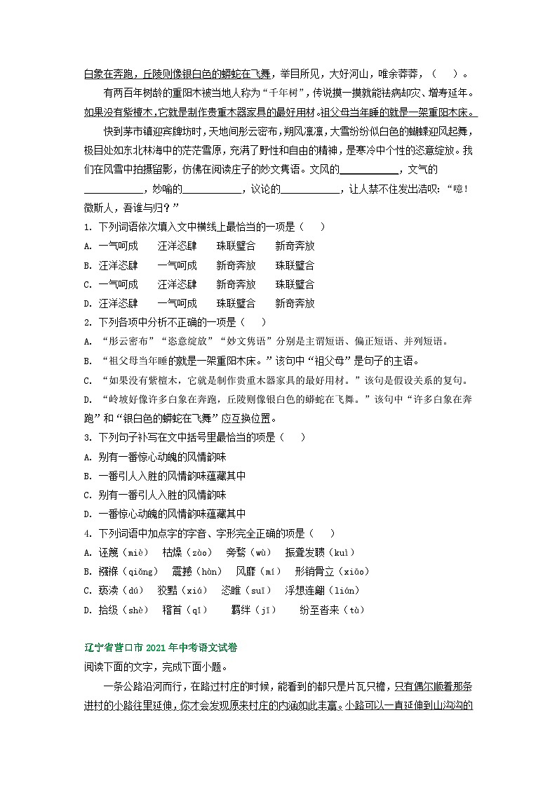 辽宁省营口市三年（2021-2023）中考语文试卷分类汇编：字音字形及语言运用02