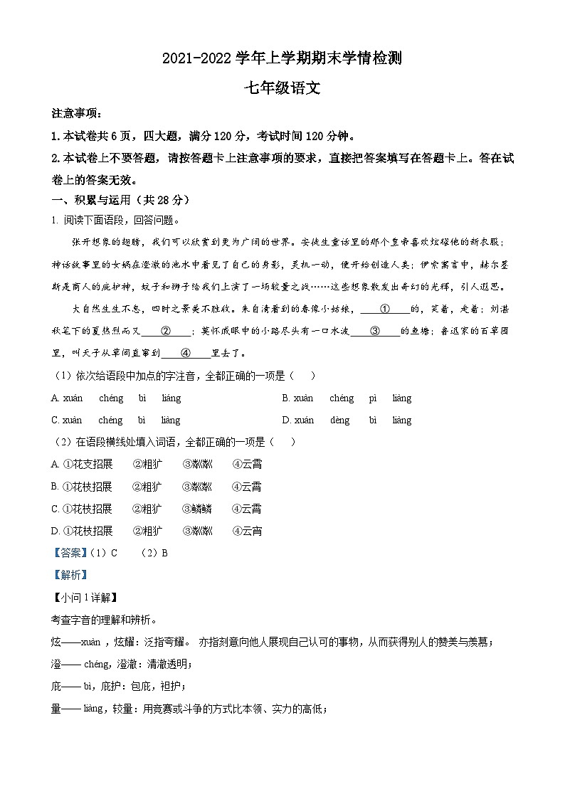 河南省三门峡市渑池县2022-2023学年七年级上学期期末语文试题（解析版）第1页