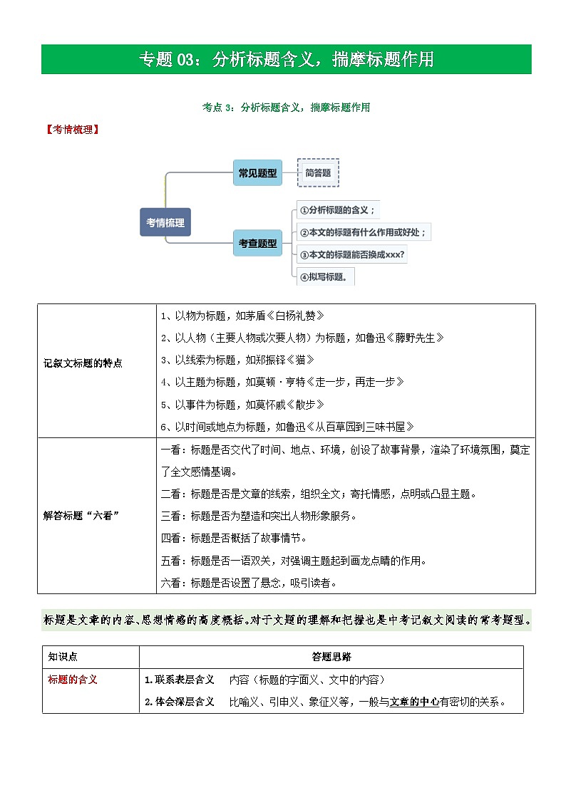 中考语文二轮复习 记叙文阅读精讲精练专题03  分析标题含义 揣摩标题作用（含解析）第1页