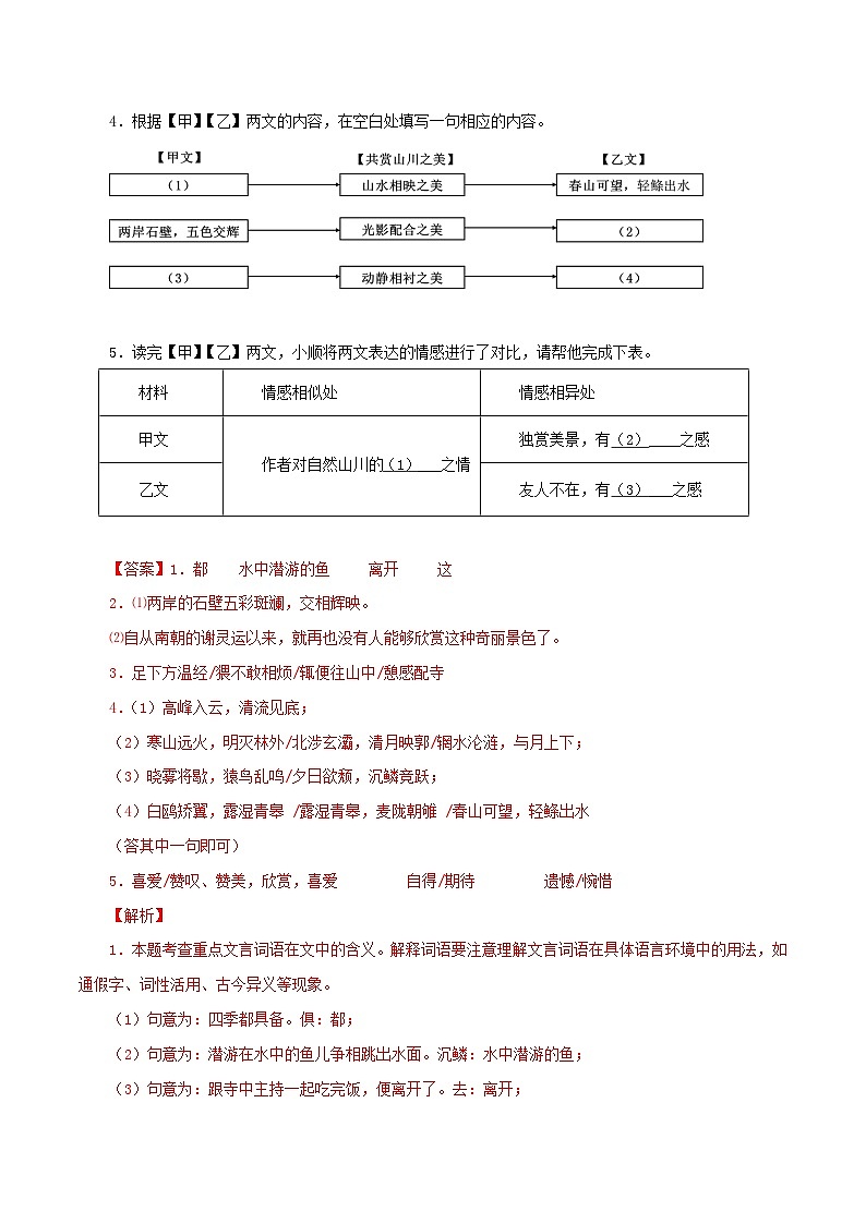 中考语文二轮复习 文言文对比阅读05  答谢中书书（含解析）第2页