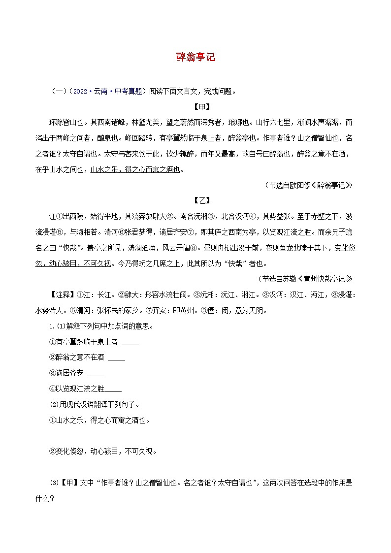 中考语文二轮复习 文言文对比阅读15 醉翁亭记（含解析）第1页