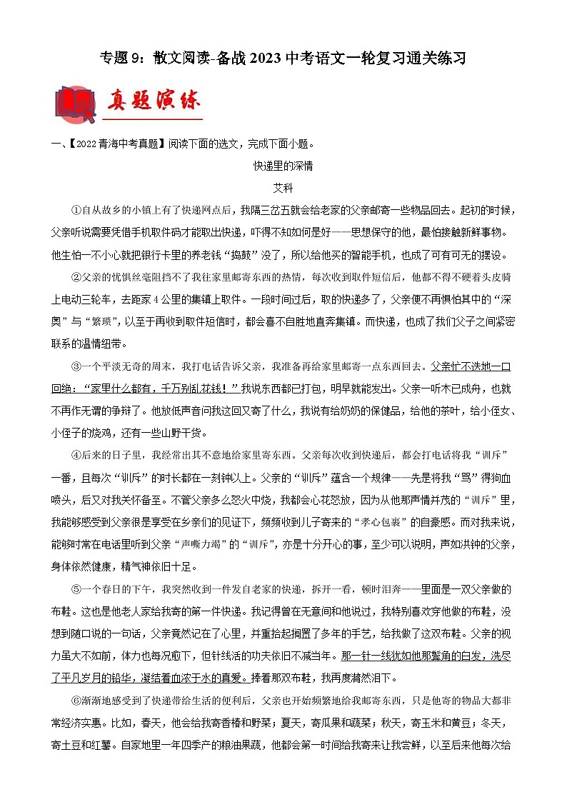 中考语文一轮复习通关练习专题09：散文阅读（含解析）第1页