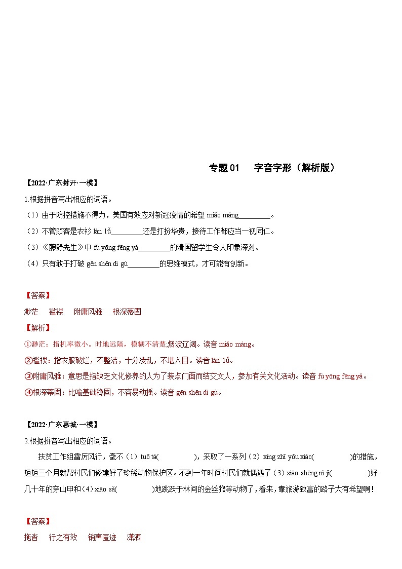 2022年中考语文模拟试卷分类汇编专题01 字音字形（含解析）01