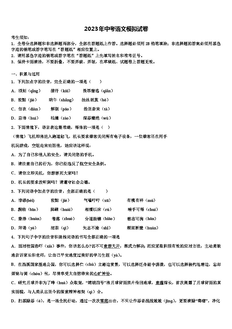 （全国市级）湖北省孝感市安陆市市级名校2023年中考语文押题卷含解析01
