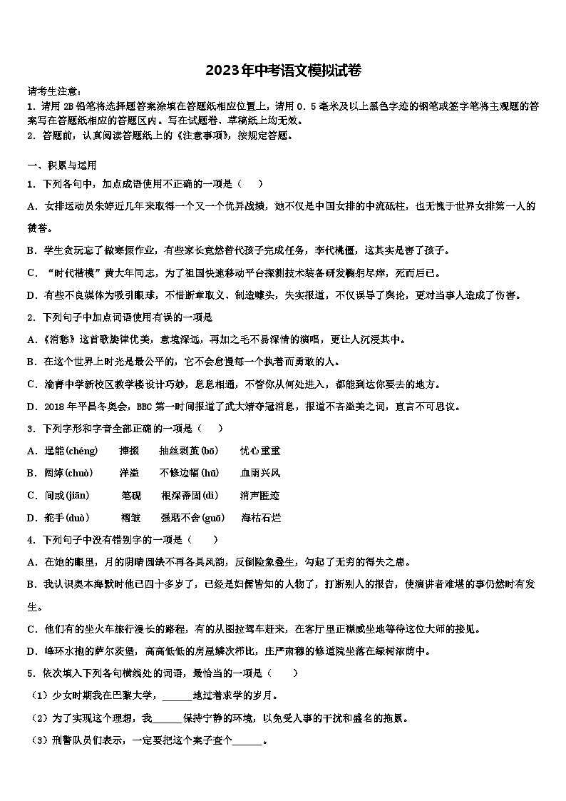 [区级联考]上海市青浦区市级名校2023届中考语文模拟精编试卷含解析01
