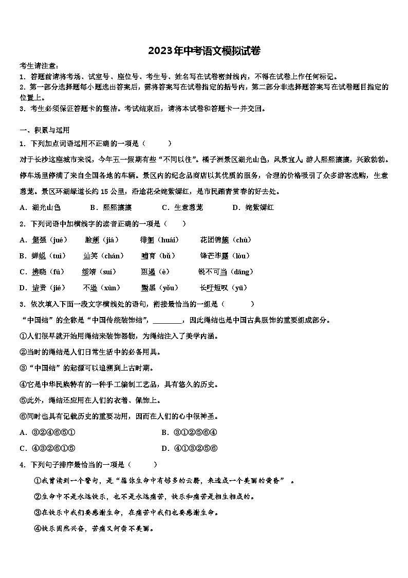 【湘教版】湖南省岳阳市君山区2023届中考联考语文试题含解析01