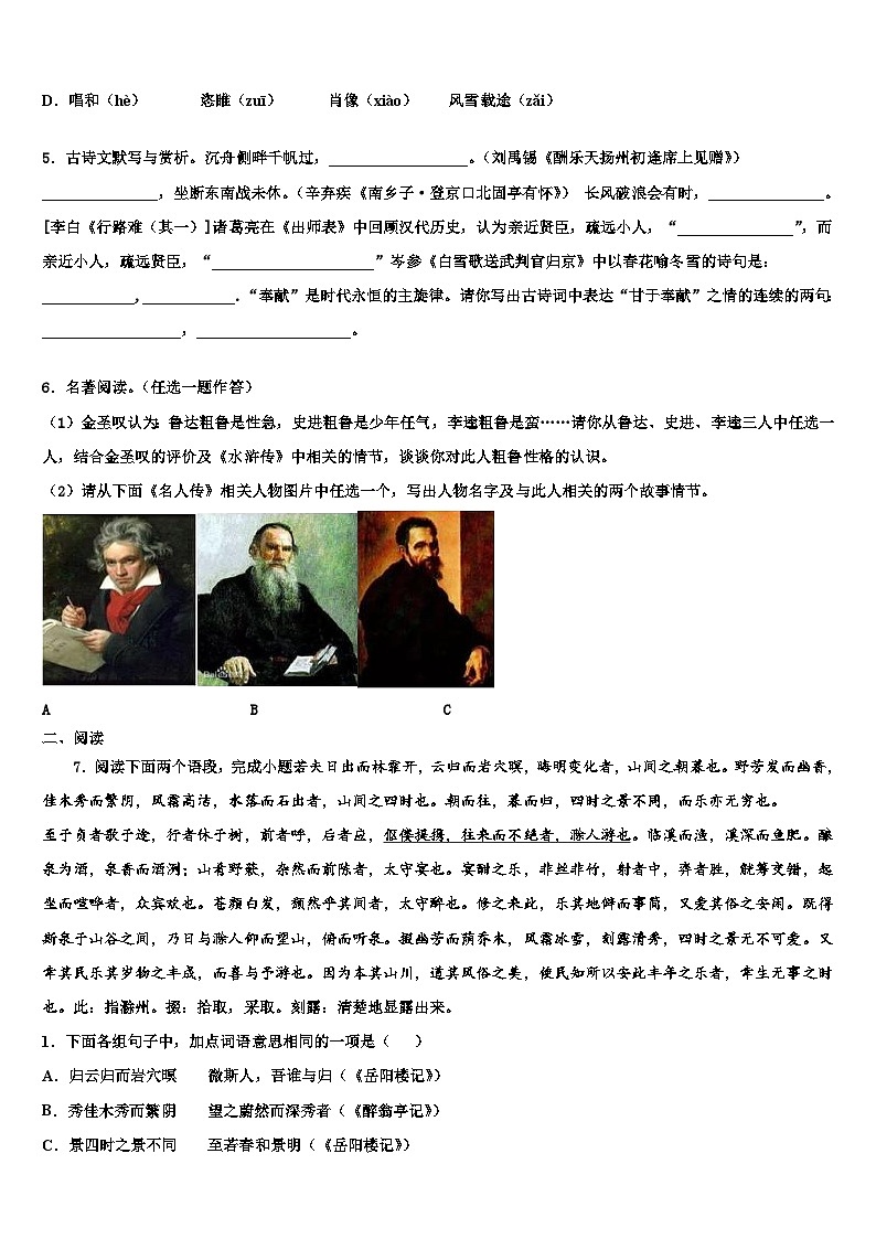 2022-2023学年安徽省池州市重点中学中考四模语文试题含解析02