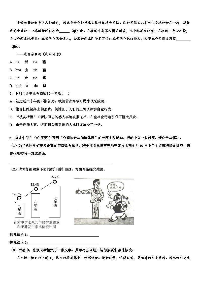 2022-2023学年安徽省阜阳市名校中考语文对点突破模拟试卷含解析02
