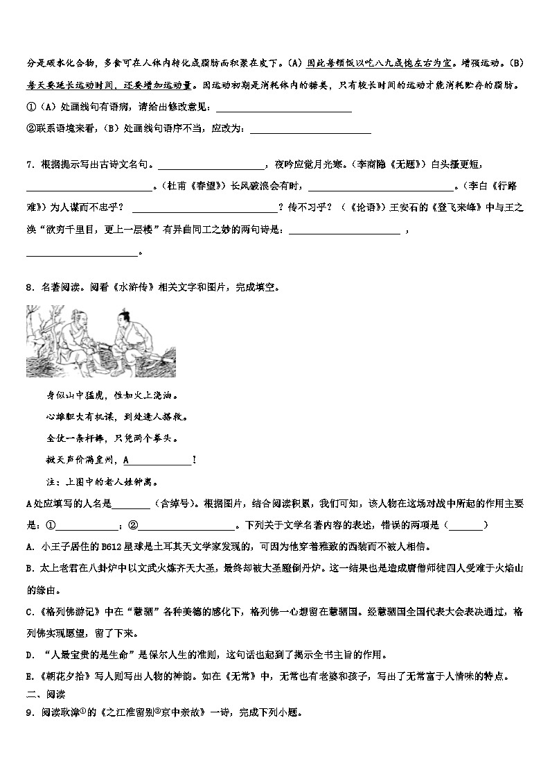 2022-2023学年安徽省阜阳市名校中考语文对点突破模拟试卷含解析03