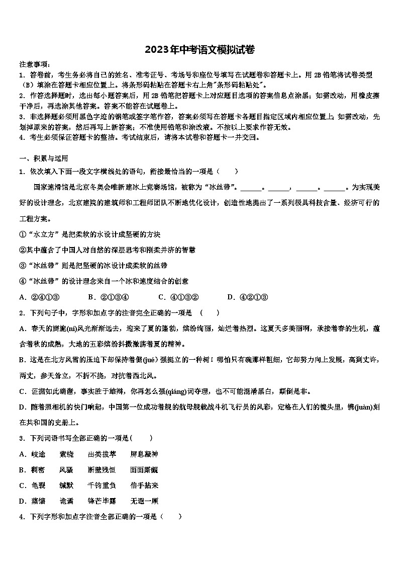 2022-2023学年安徽省六安市金寨县达标名校中考语文全真模拟试卷含解析01