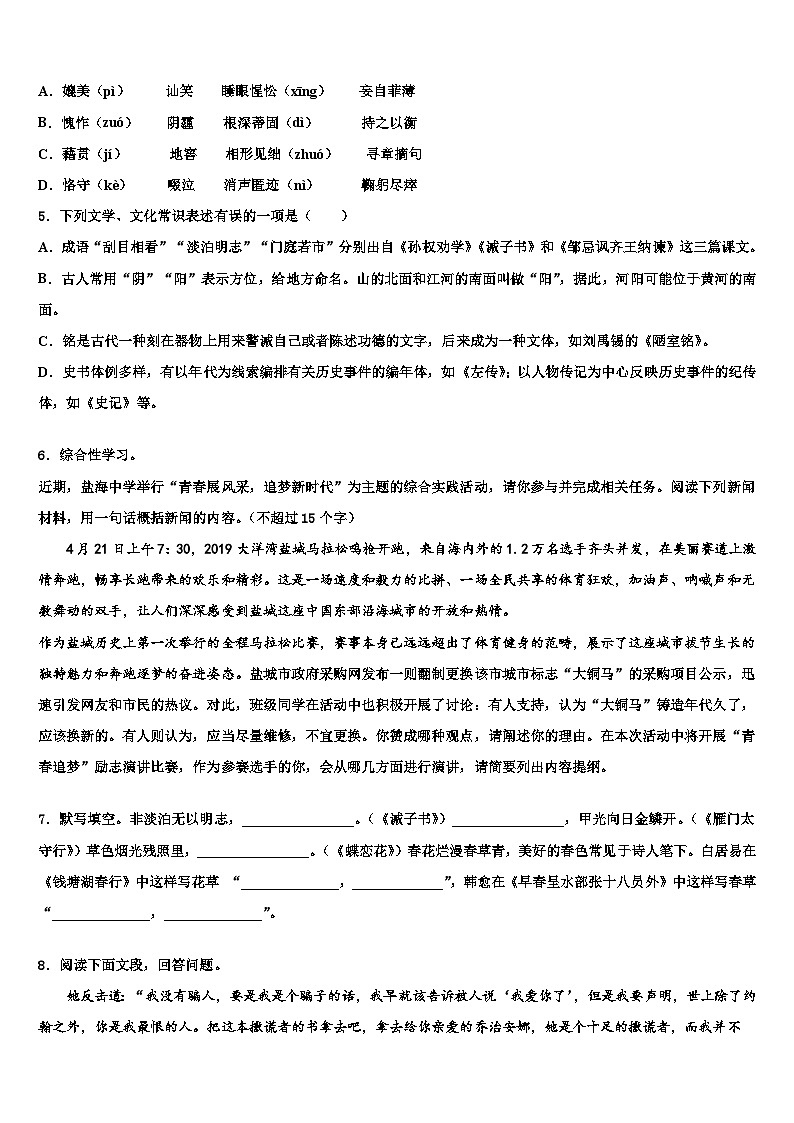 2022-2023学年安徽省六安市金寨县达标名校中考语文全真模拟试卷含解析02