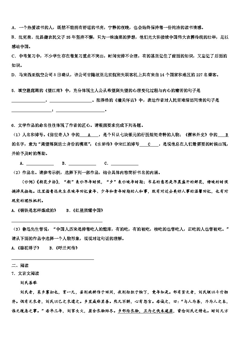2022-2023学年福建省龙岩市武平县中考押题语文预测卷含解析第2页