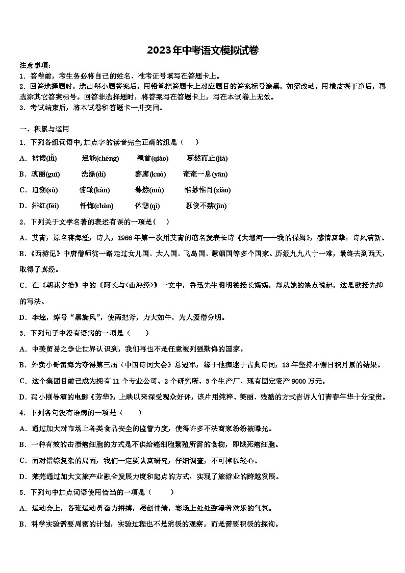 2022-2023学年福建省龙岩市永定县金丰片市级名校中考语文模试卷含解析01