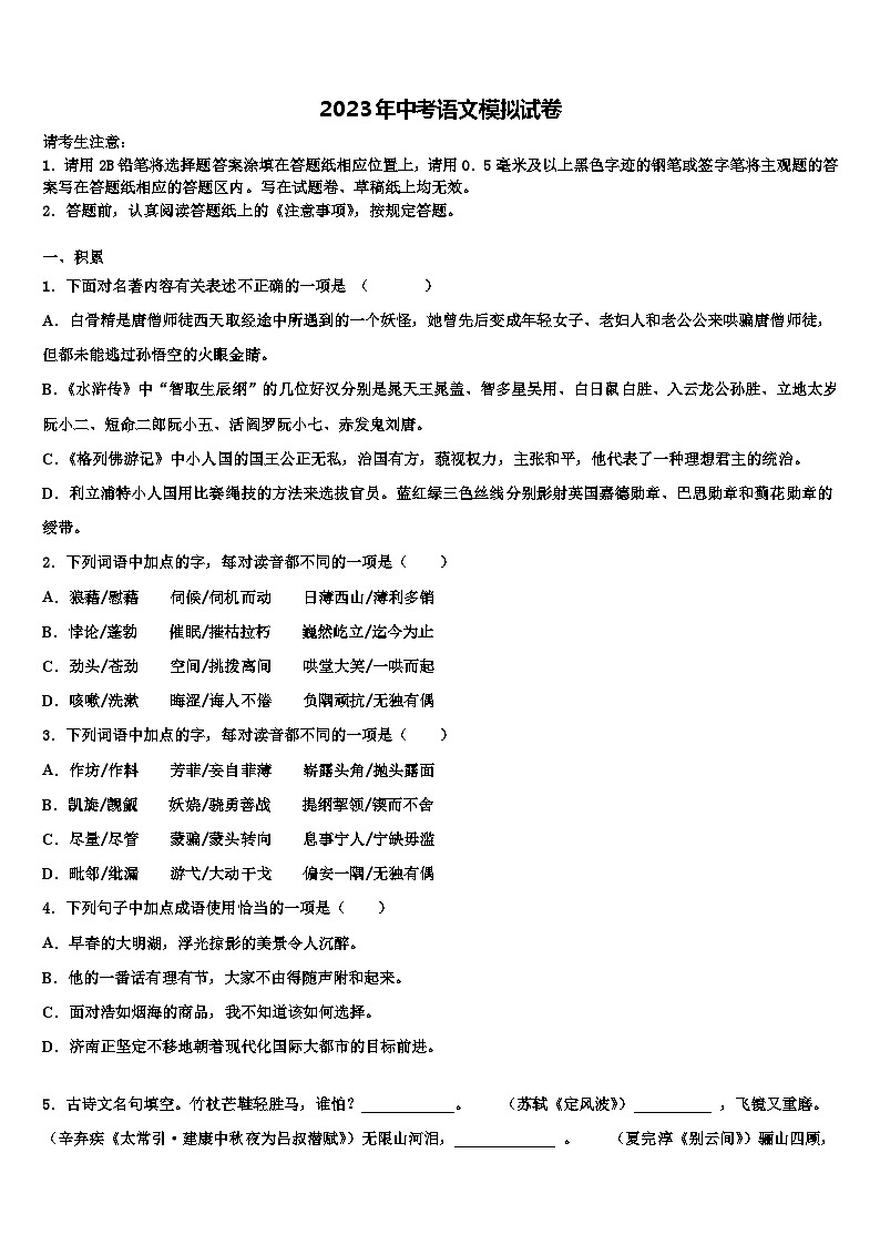 2022-2023学年福建省莆田市涵江区达标名校中考语文适应性模拟试题含解析01