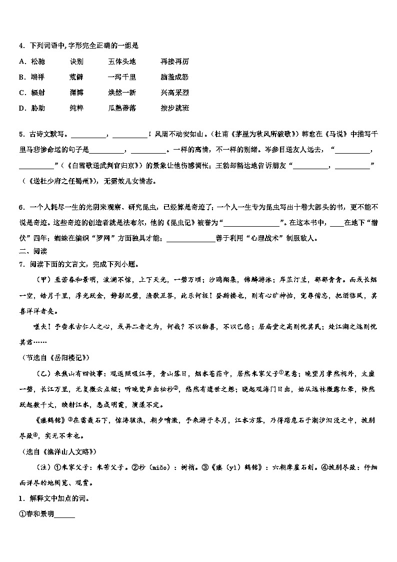 2022-2023学年福建省泉州市永春第二中学中考语文对点突破模拟试卷含解析第2页