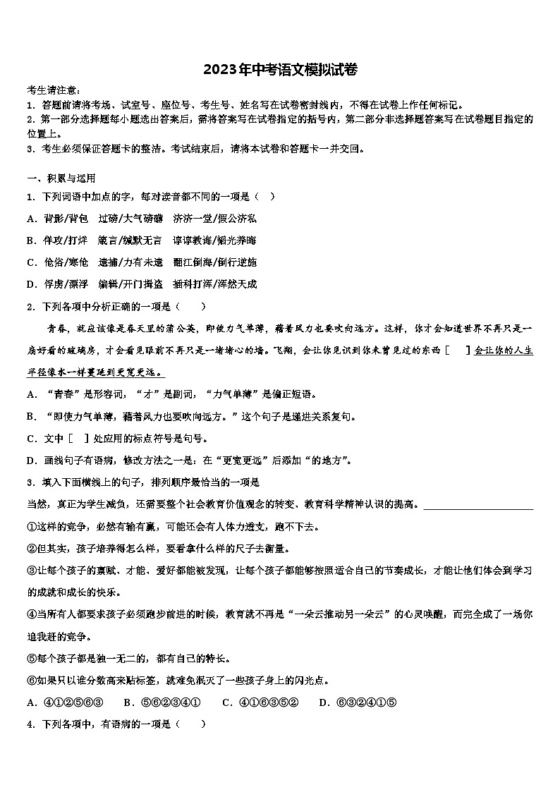 2022-2023学年福建省仙游县重点名校中考语文适应性模拟试题含解析01