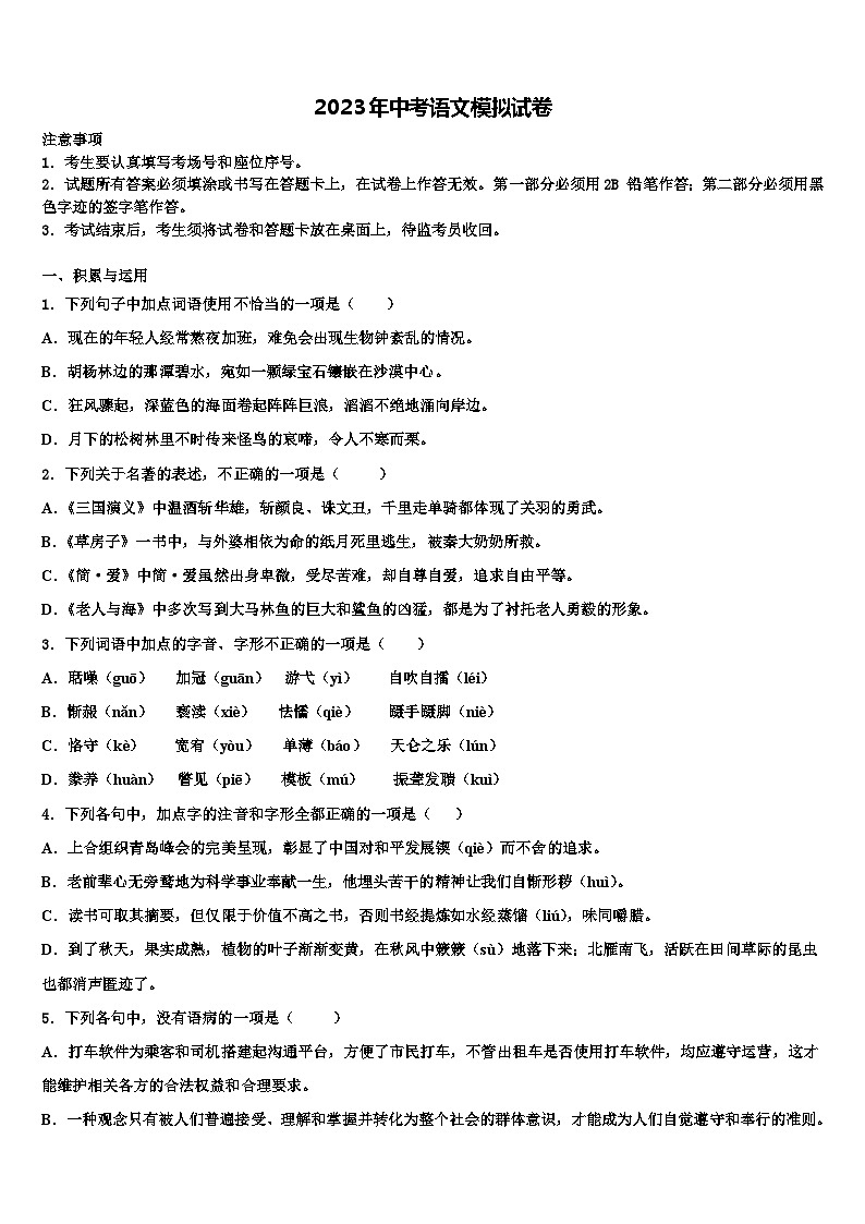 2022-2023学年福建省永春县市级名校中考语文猜题卷含解析01