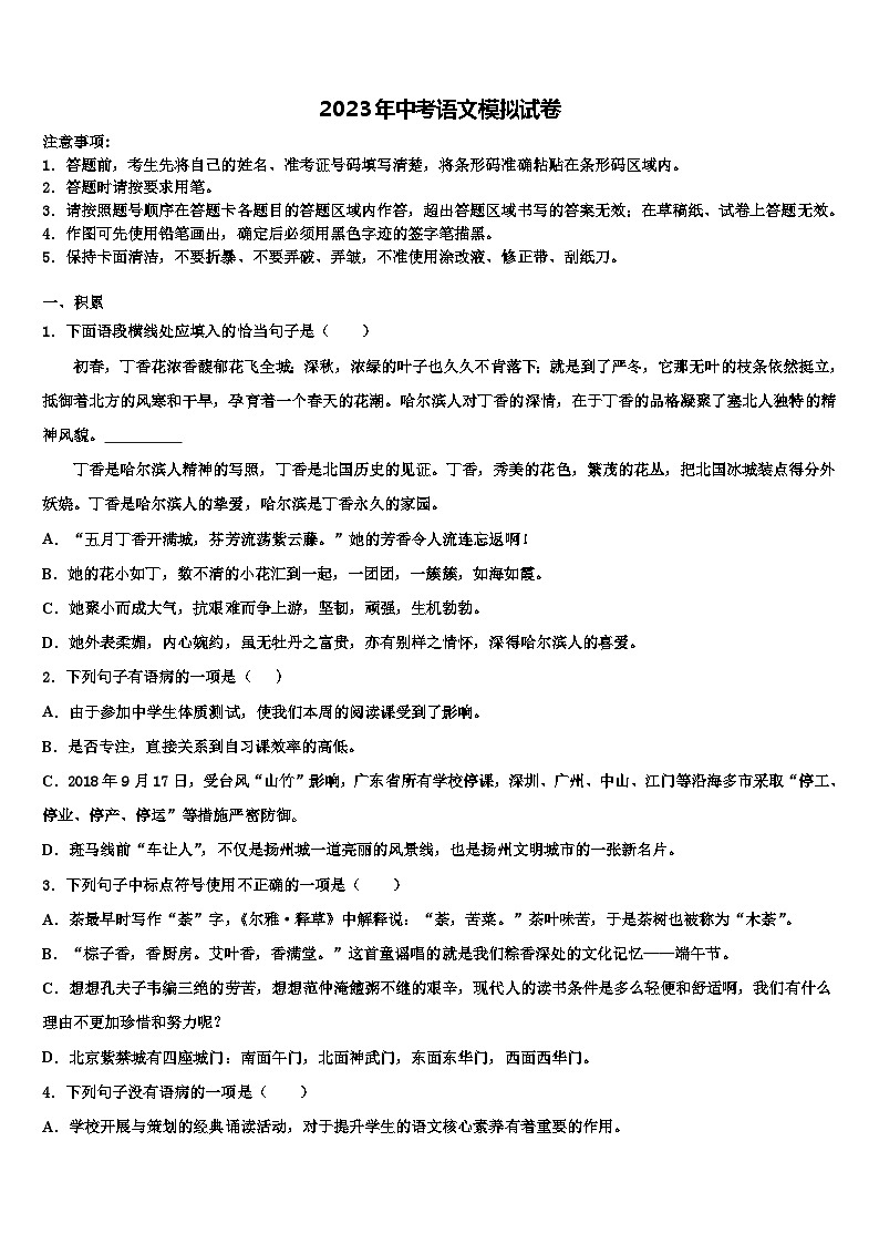 2022-2023学年甘肃省广河县重点中学中考语文考试模拟冲刺卷含解析01