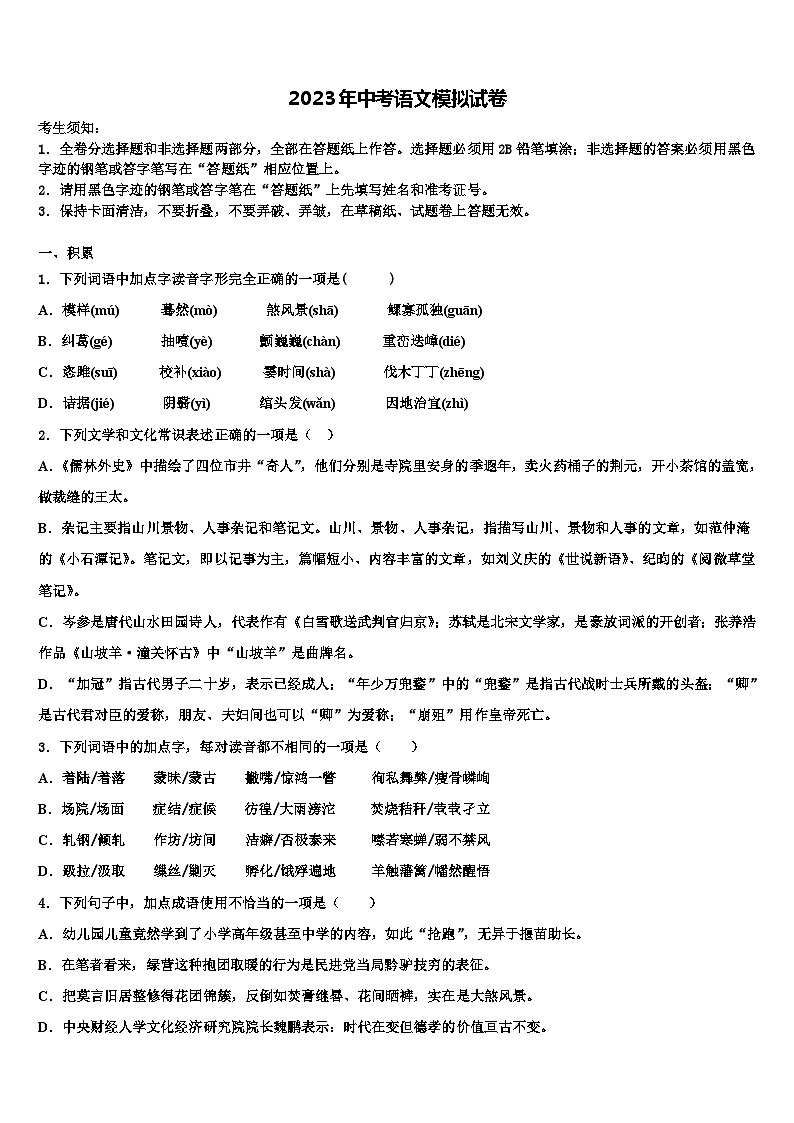 2022-2023学年甘肃省陇南市达标名校中考语文适应性模拟试题含解析01