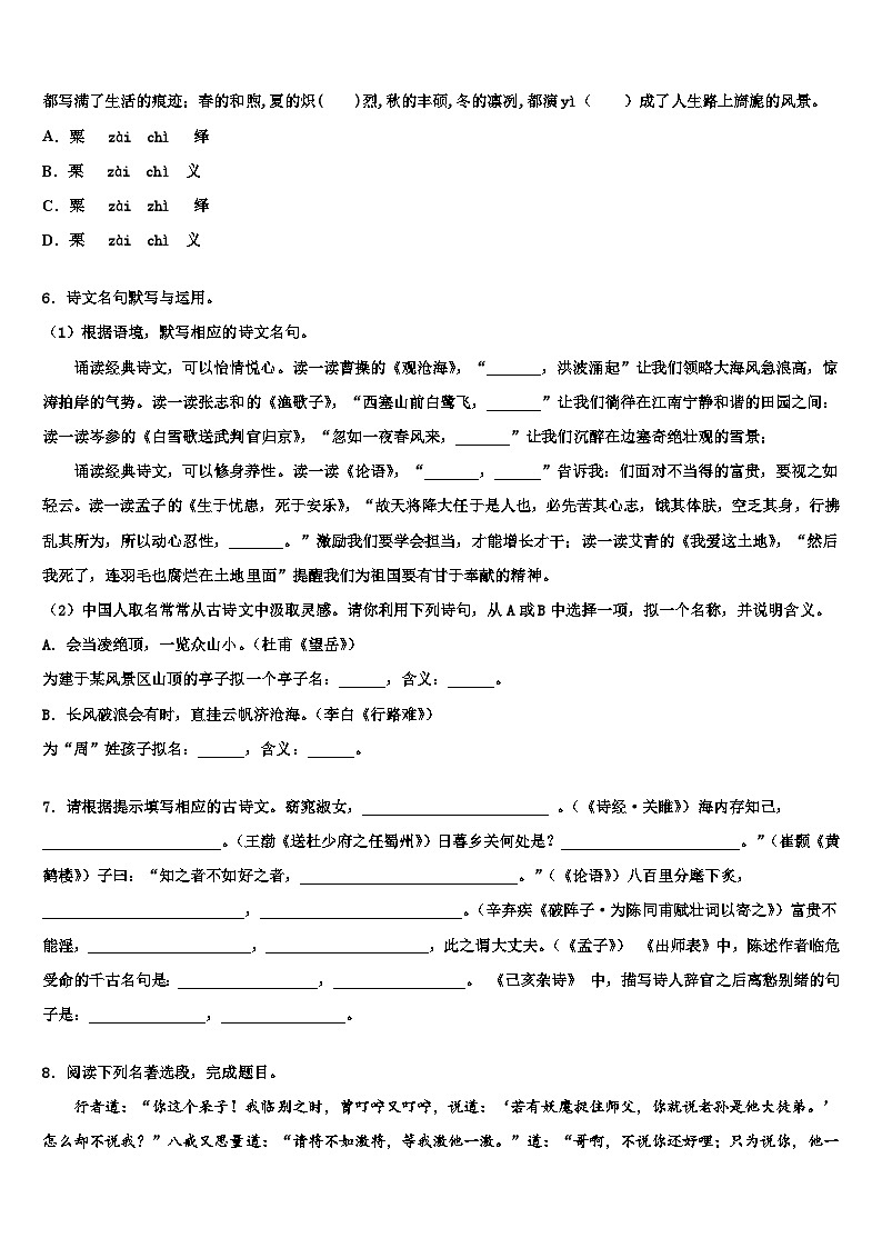 2022-2023学年甘肃省渭源县重点中学中考语文模拟精编试卷含解析02