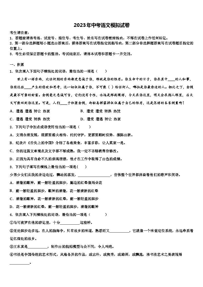 2022-2023学年广东省河源市名校中考语文对点突破模拟试卷含解析01
