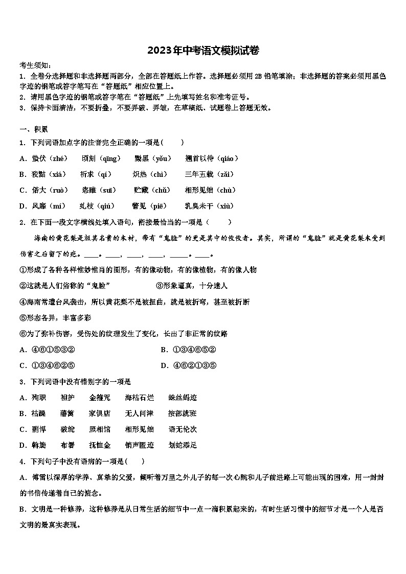 2022-2023学年甘肃省民勤县第六中学十校联考最后语文试题含解析01