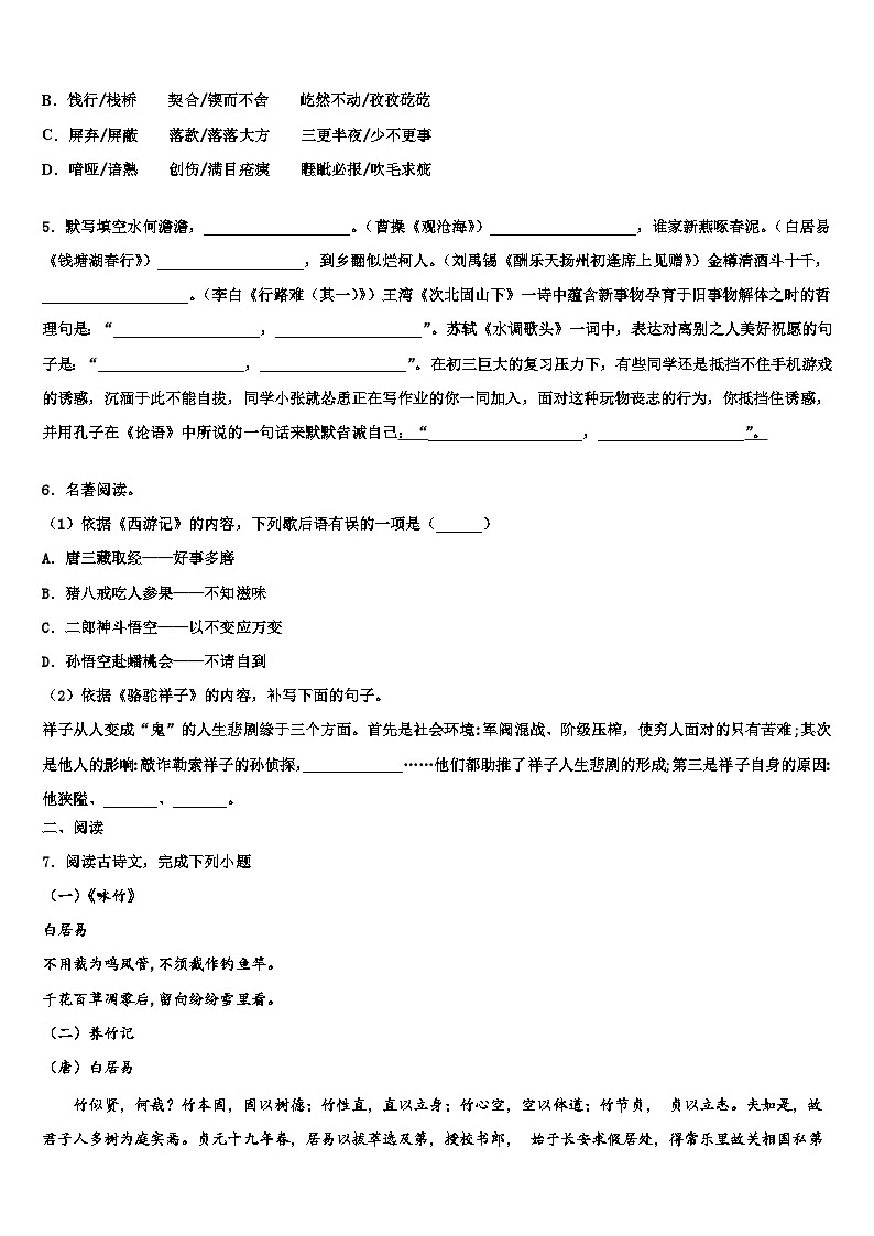 【首发】河南省实验中学2023年中考语文五模试卷含解析第2页