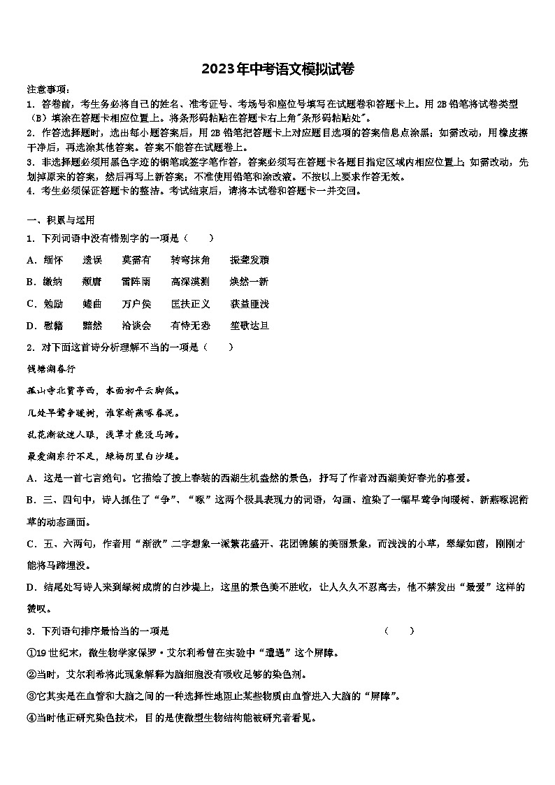 2022-2023学年安徽六安市叶集区观山中学中考语文五模试卷含解析01