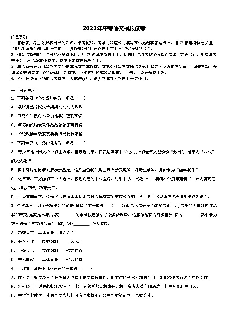 2022-2023学年广东省英德市市区重点中学中考二模语文试题含解析01