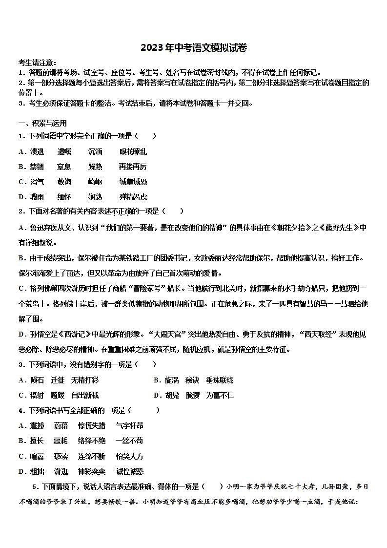 2022-2023学年贵州遵义市正安县中考一模语文试题含解析01