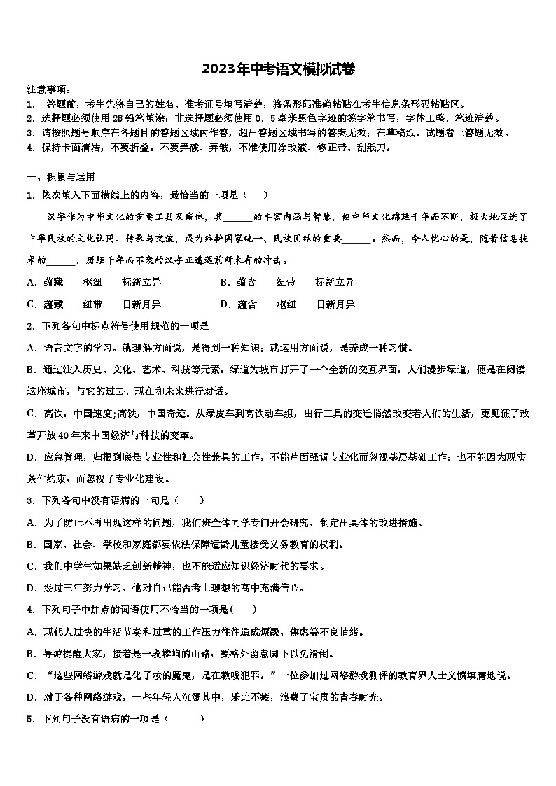 2022-2023学年海南市重点中学中考语文模拟精编试卷含解析01