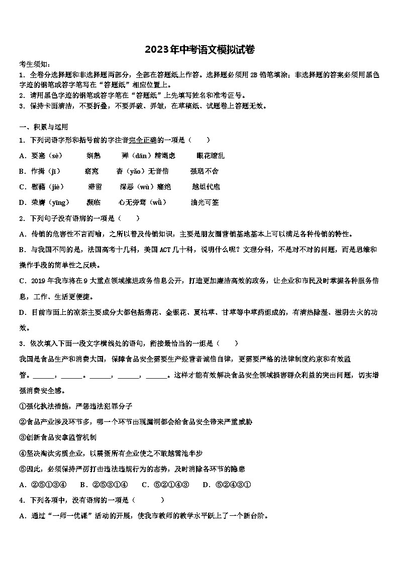 2022-2023学年河北省保定市雄县市级名校中考冲刺卷语文试题含解析01
