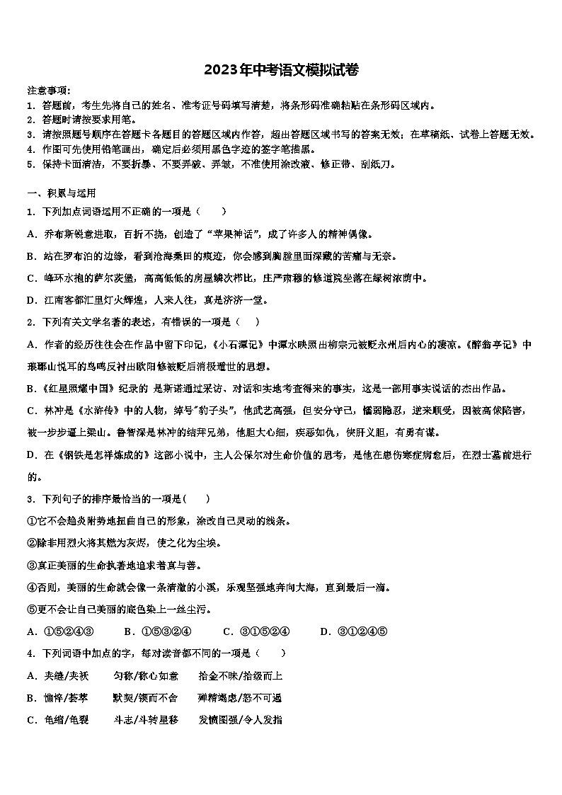 2022-2023学年河北省唐山市玉田县重点名校中考语文最后一模试卷含解析第1页