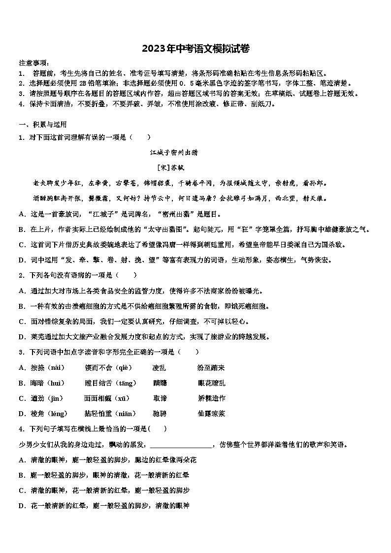 2022-2023学年河南省南阳南召县联考中考语文模拟预测题含解析第1页