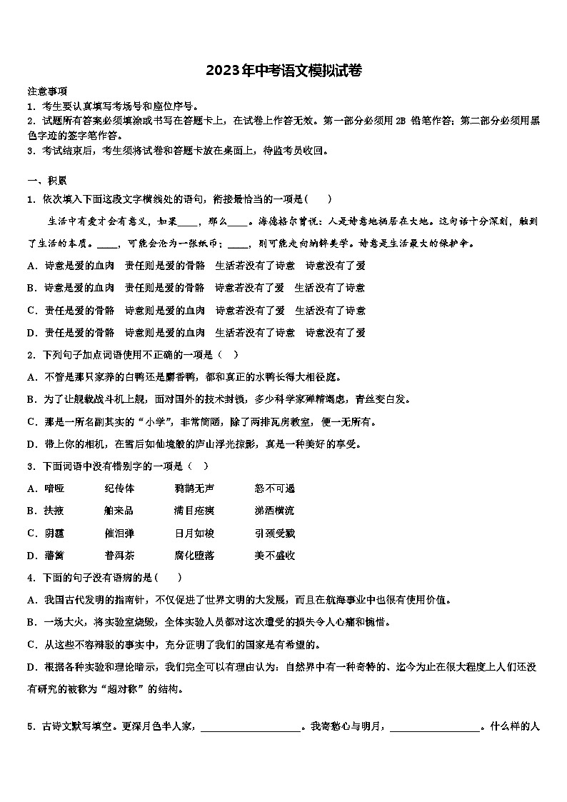 2022-2023学年河北省辛集市重点名校毕业升学考试模拟卷语文卷含解析01