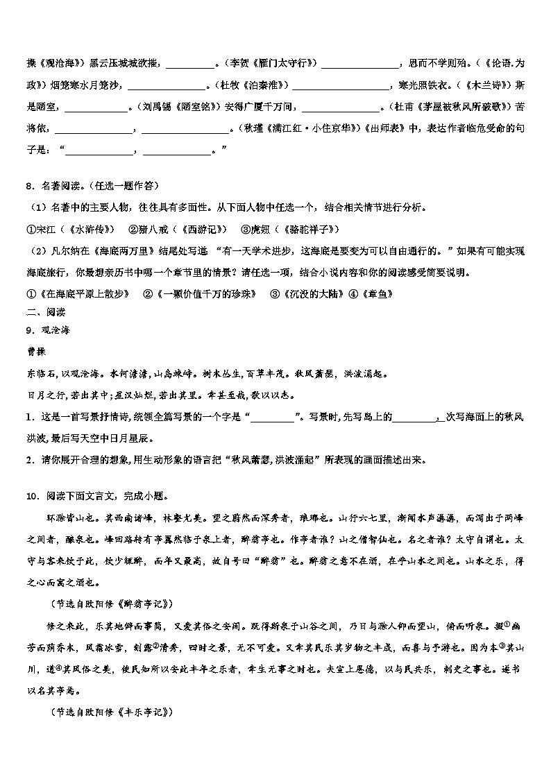 2022-2023学年河南省平顶山市宝丰县重点达标名校毕业升学考试模拟卷语文卷含解析03