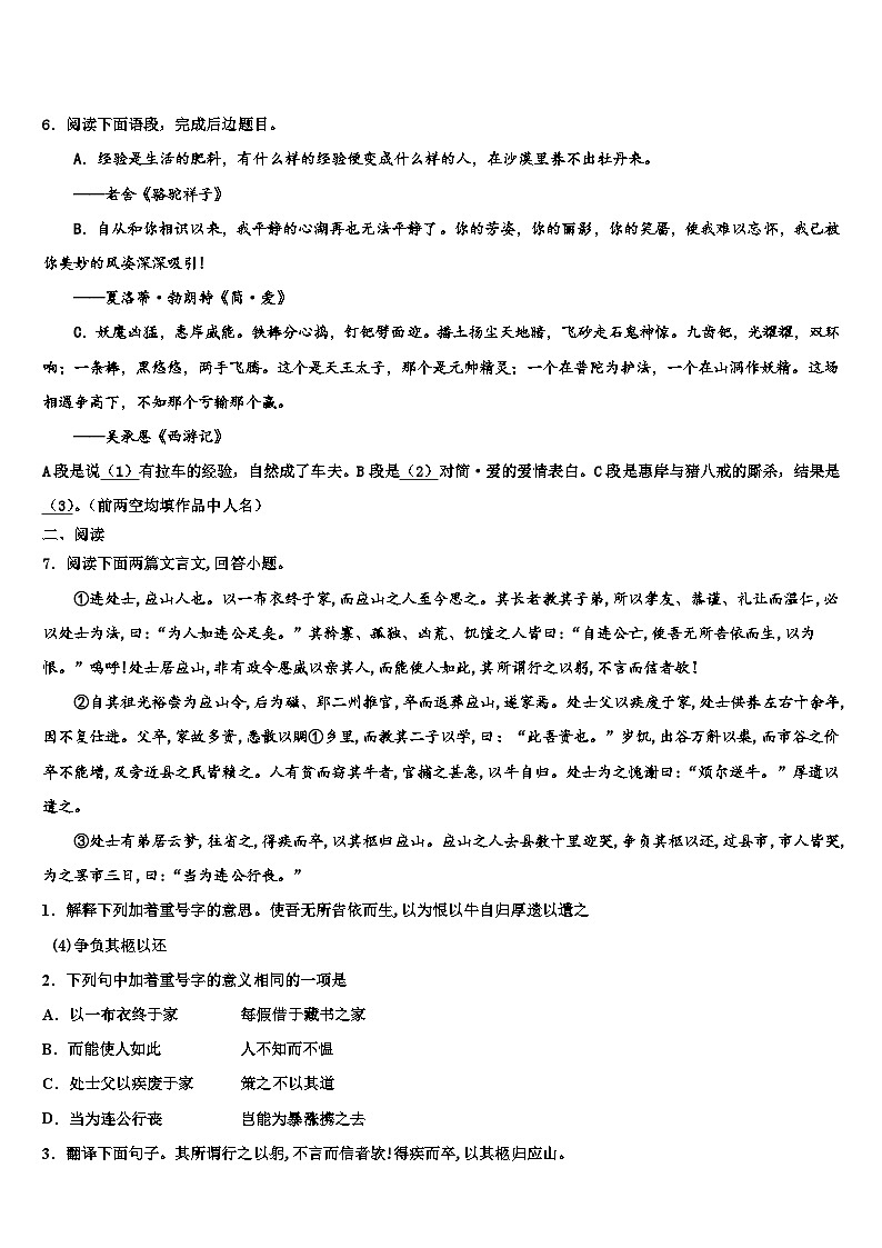 2022-2023学年河南省驻马店市遂平县重点中学毕业升学考试模拟卷语文卷含解析02