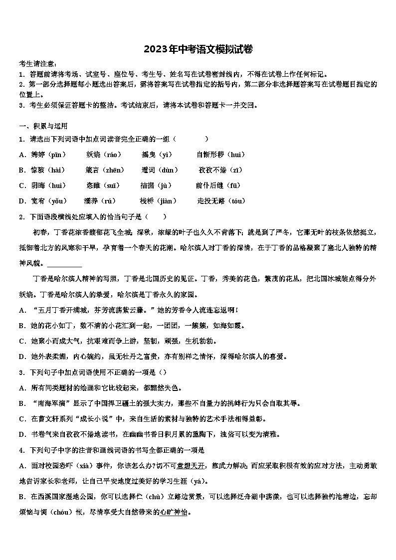 2022-2023学年黑龙江省哈尔滨松北区四校联考中考语文模拟预测题含解析01