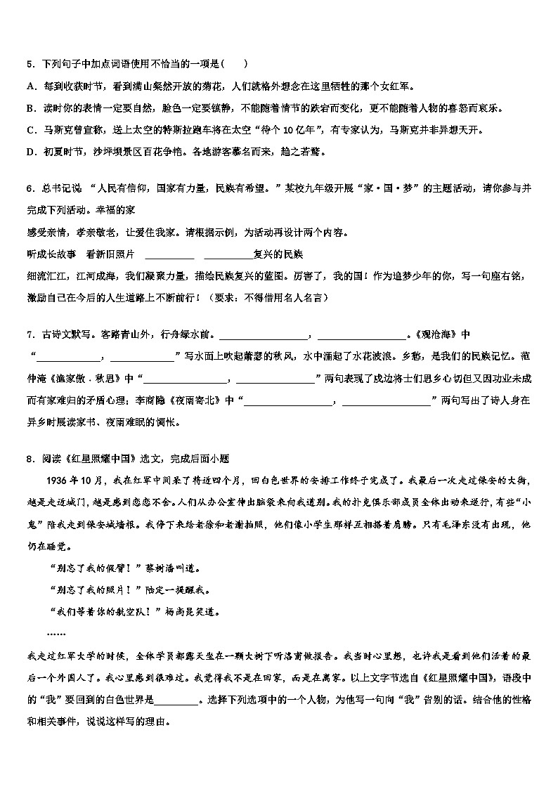 2022-2023学年黑龙江省鸡西虎林市东方红林业局中考语文考前最后一卷含解析02