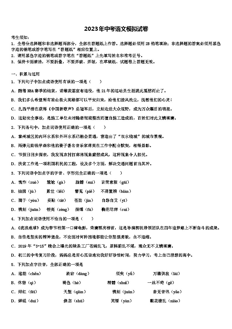 2022-2023学年黑龙江省龙江县重点中学中考语文最后一模试卷含解析01