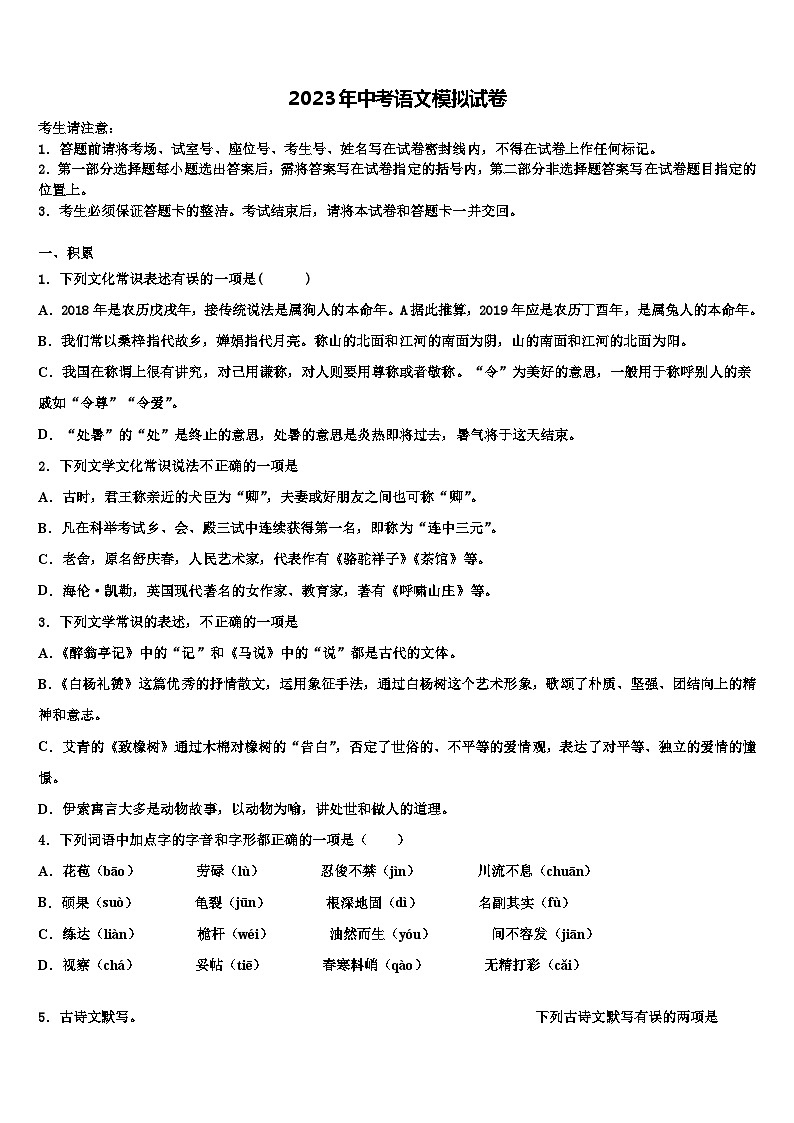 2022-2023学年湖北省黄石市黄石港区第八中学中考联考语文试卷含解析第1页