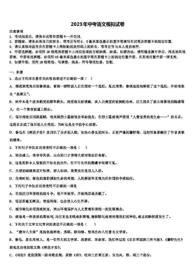 2022-2023学年湖北省黄石市江北中学中考语文模拟精编试卷含解析第1页
