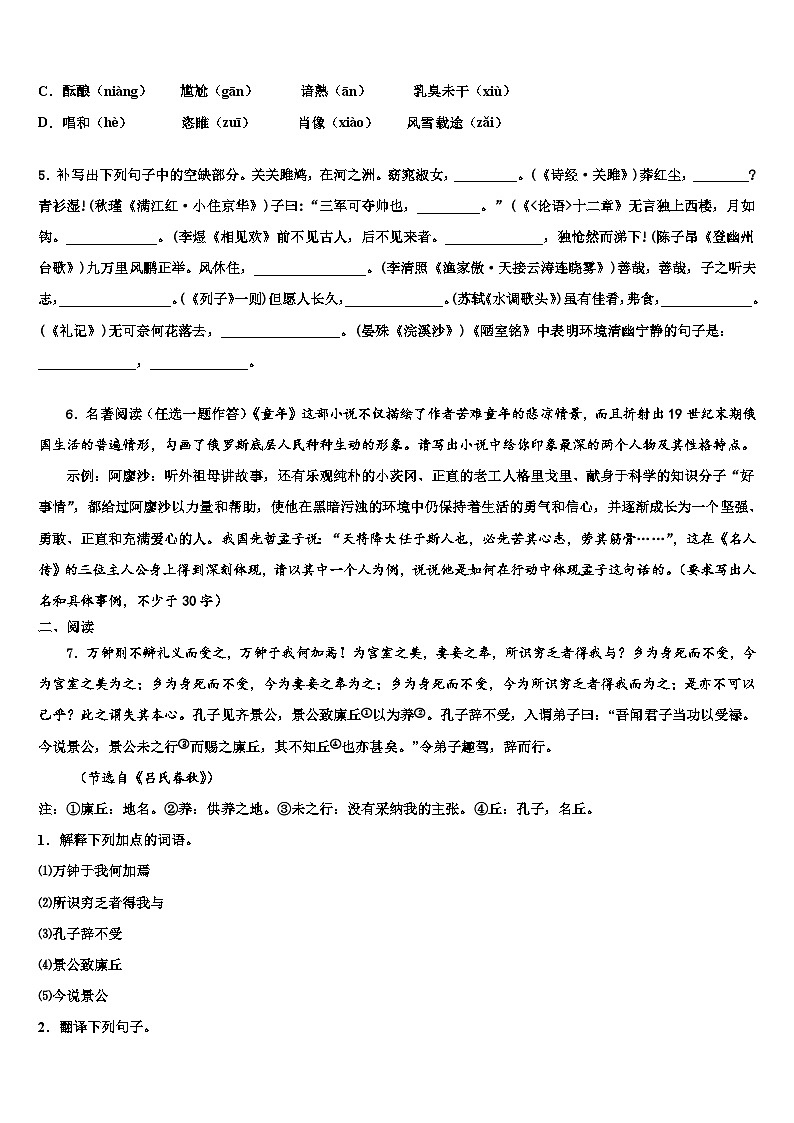 2022-2023学年湖北省武汉实验外国语校中考语文模拟试题含解析02
