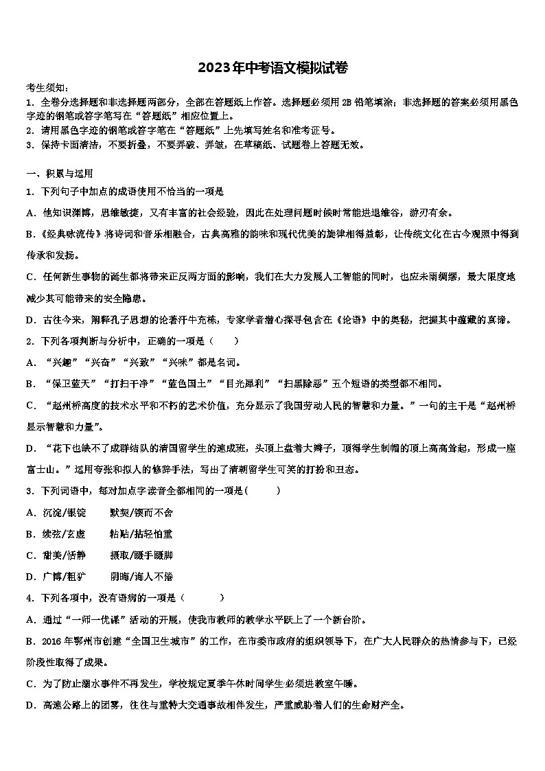 2022-2023学年湖南省怀化市名校中考联考语文试卷含解析01