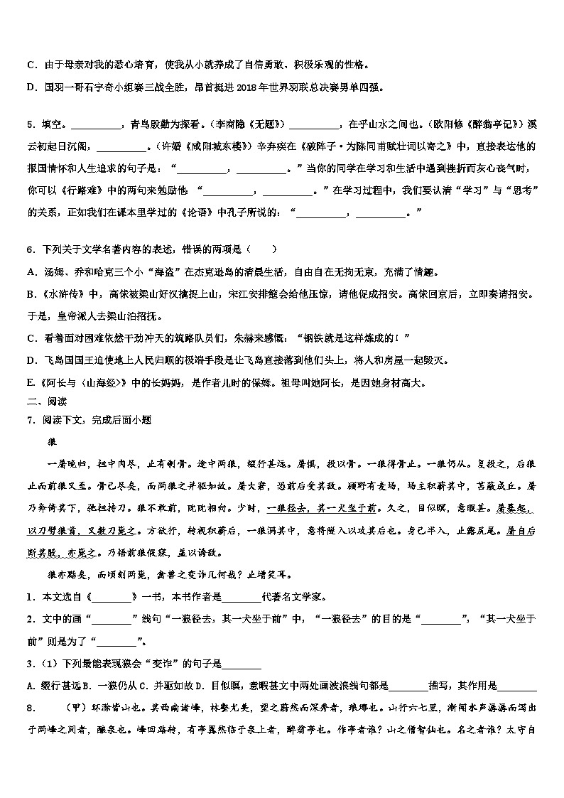 2022-2023学年湖南省娄底市第五中学中考语文考前最后一卷含解析第2页