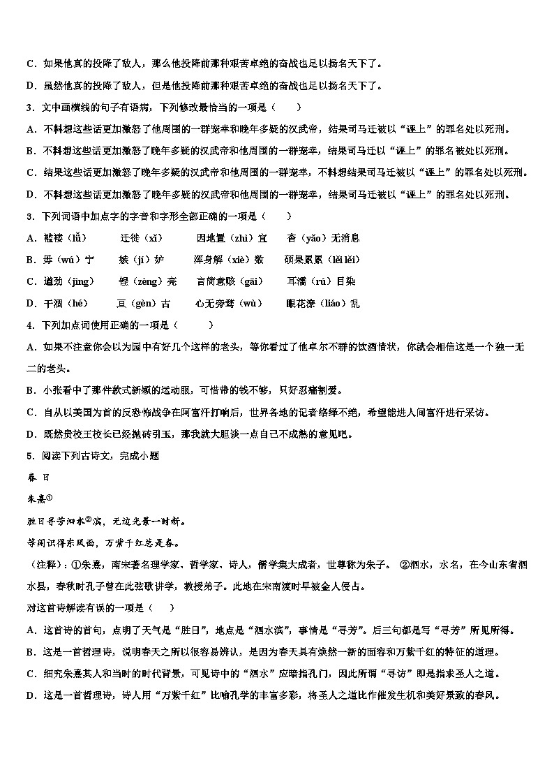2022-2023学年湖南省娄底市冷水江市重点达标名校中考适应性考试语文试题含解析02