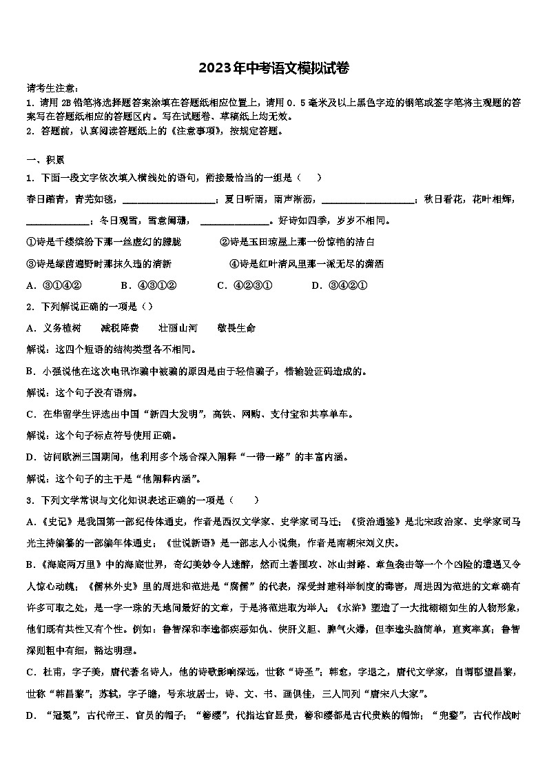 2022-2023学年湖南省益阳市桃江县中考语文对点突破模拟试卷含解析01