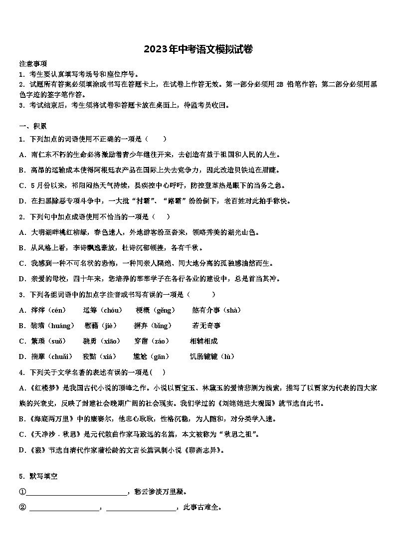 2022-2023学年湖南省长沙麓山国际实验校中考语文全真模拟试题含解析第1页