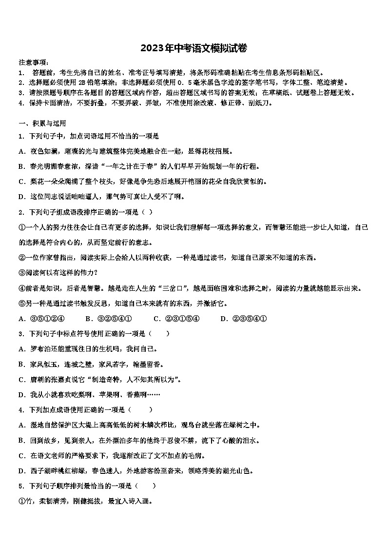 2022-2023学年湖南省长沙市麓山国际实验学校中考语文对点突破模拟试卷含解析01